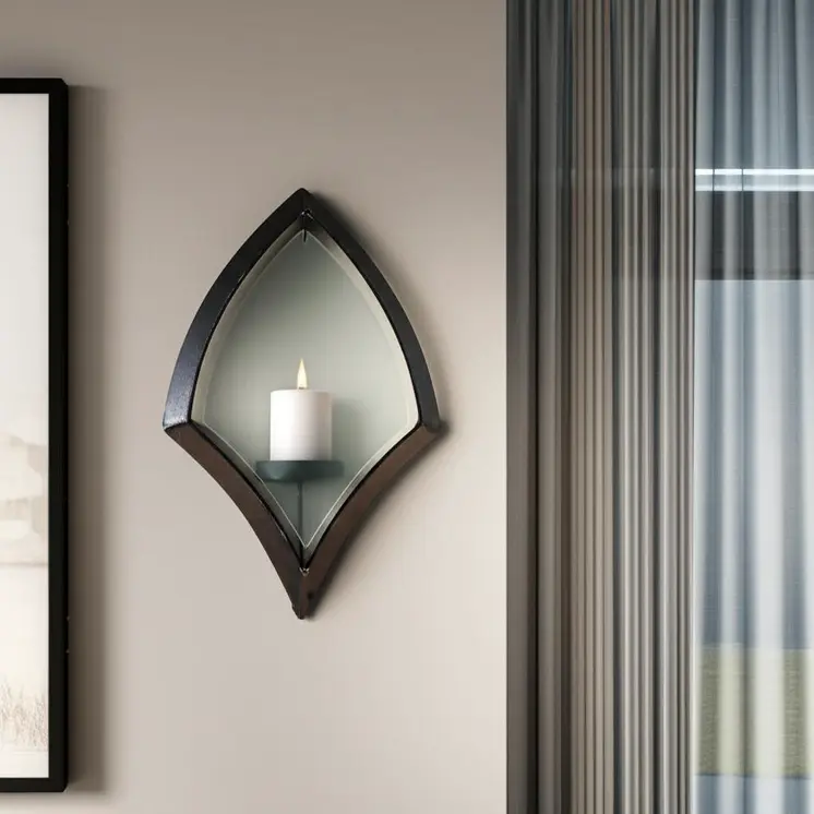 7" Black Abstract Metal And Glass Wall Sconce Candle Holder