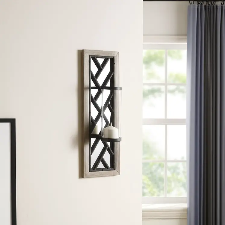 24" Black Distressed Mirrored Metal Glass And Solid Wood Wall Sconce Candle Holder