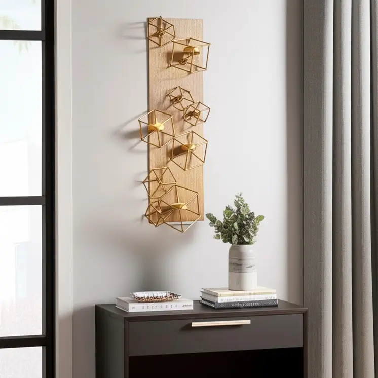 22" Brass Distressed Geometric Brass And Solid Wood Wall Sconce Candle Holder
