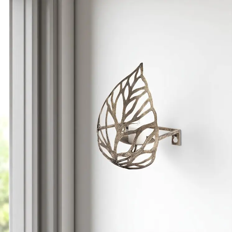 8" Champagne Distressed Botanical Leaf Metal Wall Sconce Candle Holder