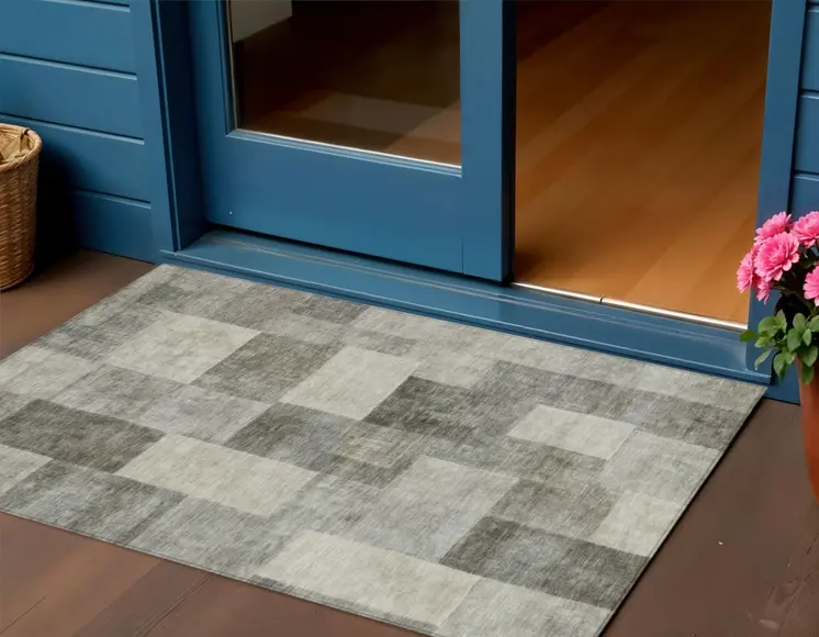 3' X 5' Taupe Geometric Washable Indoor Outdoor Area Rug