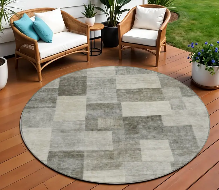 8' Taupe Round Geometric Washable Indoor Outdoor Area Rug