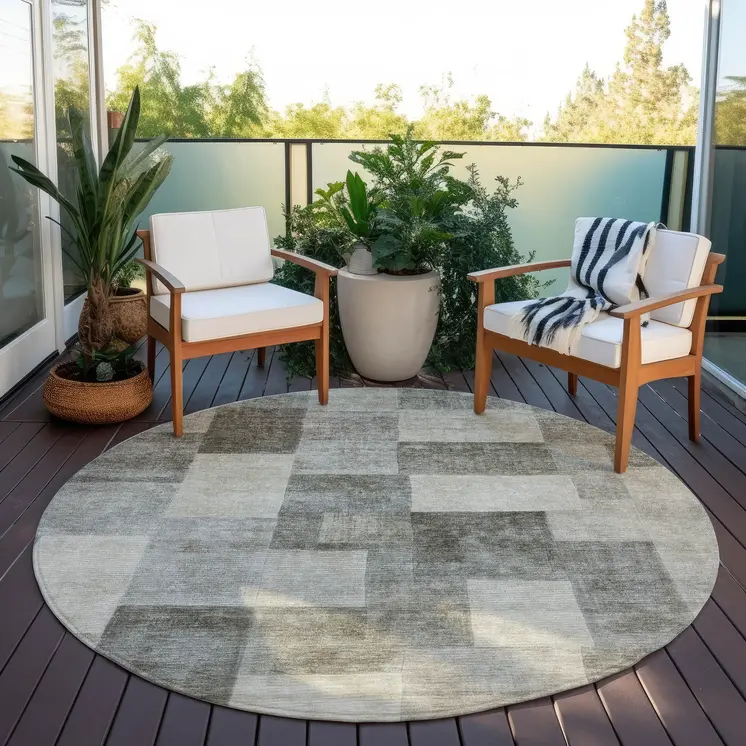 8' Taupe Round Geometric Washable Indoor Outdoor Area Rug