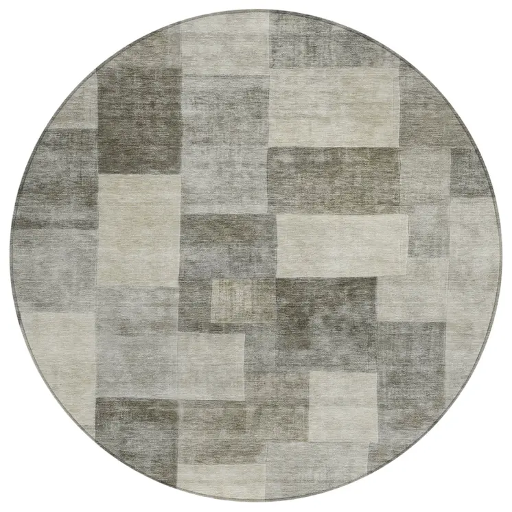 8' Taupe Round Geometric Washable Indoor Outdoor Area Rug