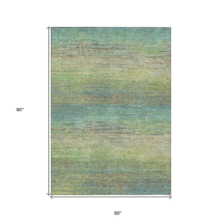 5' X 8' Artichoke Green Striped Washable Indoor Outdoor Area Rug