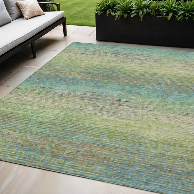 5' X 8' Artichoke Green Striped Washable Indoor Outdoor Area Rug