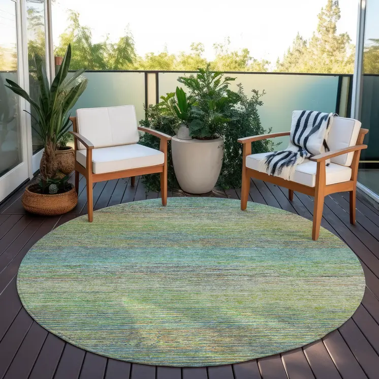 8' Artichoke Green Round Striped Washable Indoor Outdoor Area Rug