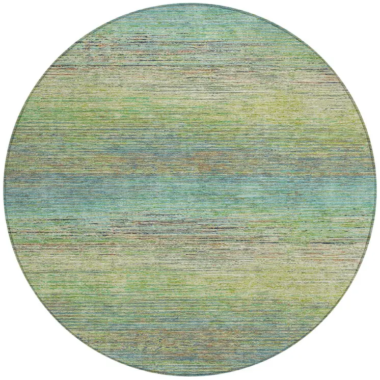8' Artichoke Green Round Striped Washable Indoor Outdoor Area Rug
