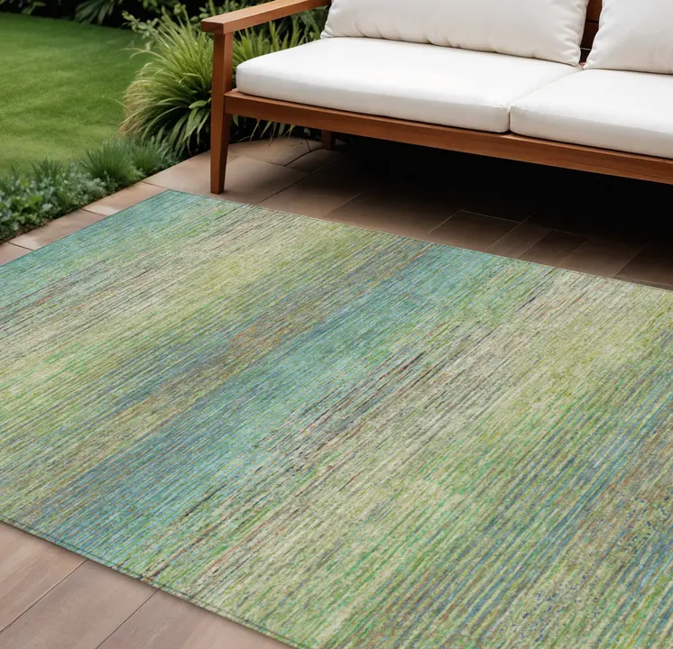 9' X 12' Artichoke Green Striped Washable Indoor Outdoor Area Rug
