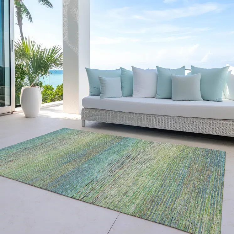 9' X 12' Artichoke Green Striped Washable Indoor Outdoor Area Rug