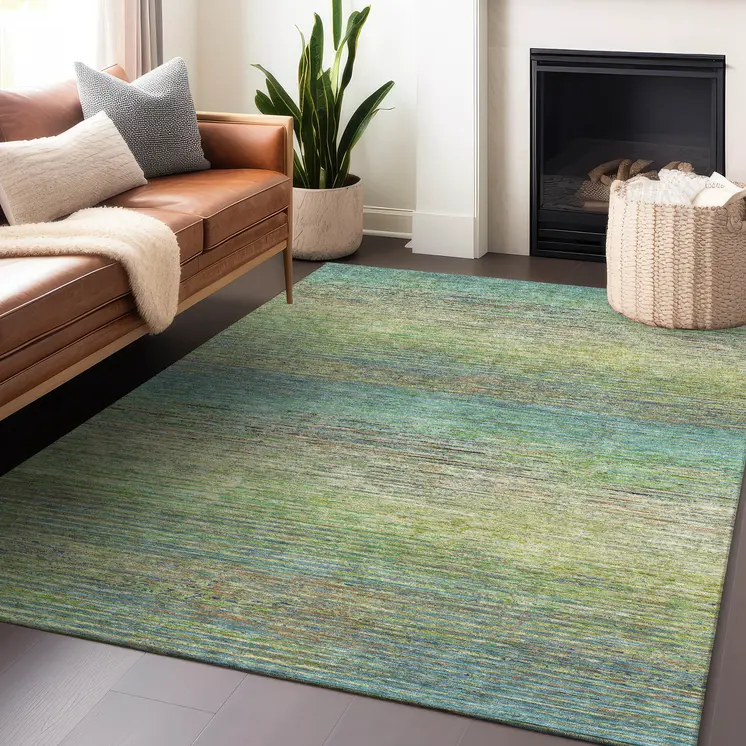 9' X 12' Artichoke Green Striped Washable Indoor Outdoor Area Rug