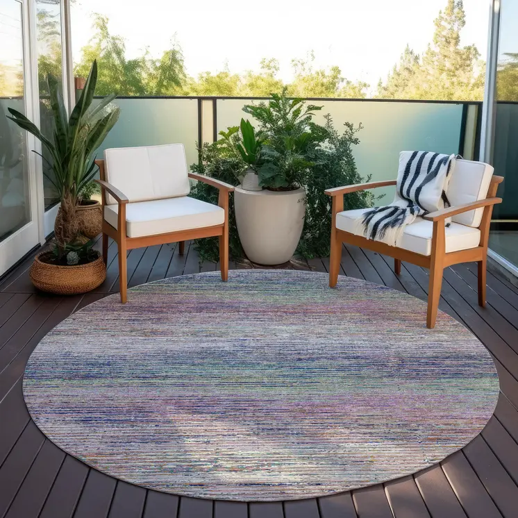 8' Blush Round Striped Washable Indoor Outdoor Area Rug