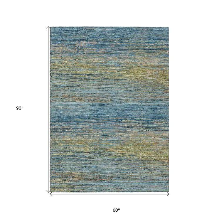 5' X 8' Denim Blue Striped Washable Indoor Outdoor Area Rug