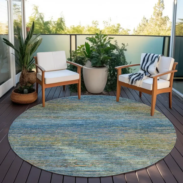 8' Denim Blue Round Striped Washable Indoor Outdoor Area Rug