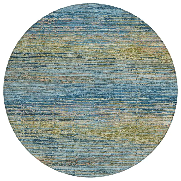 8' Denim Blue Round Striped Washable Indoor Outdoor Area Rug