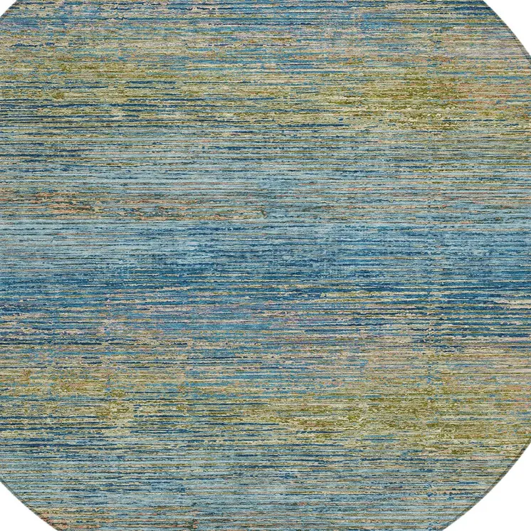 8' Denim Blue Round Striped Washable Indoor Outdoor Area Rug