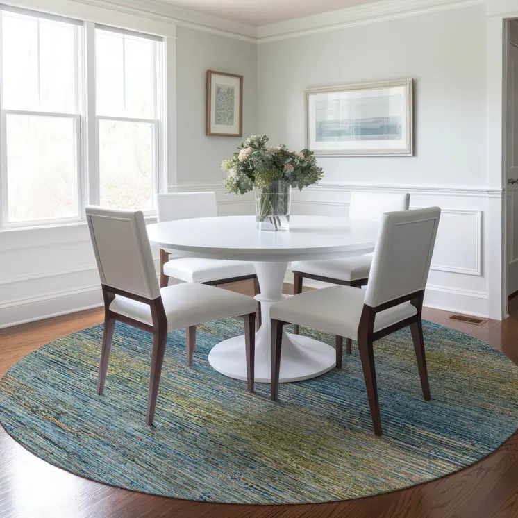 8' Denim Blue Round Striped Washable Indoor Outdoor Area Rug