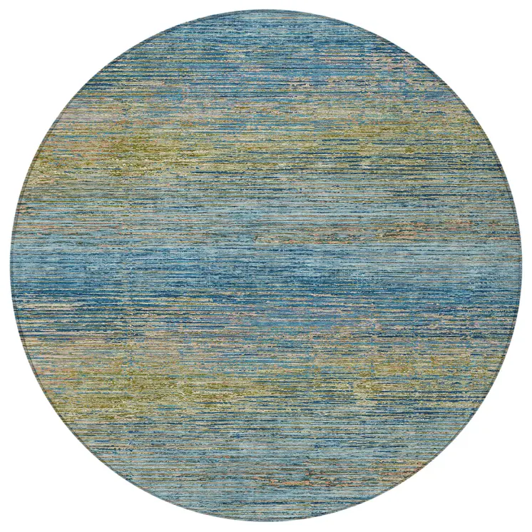 8' Denim Blue Round Striped Washable Indoor Outdoor Area Rug