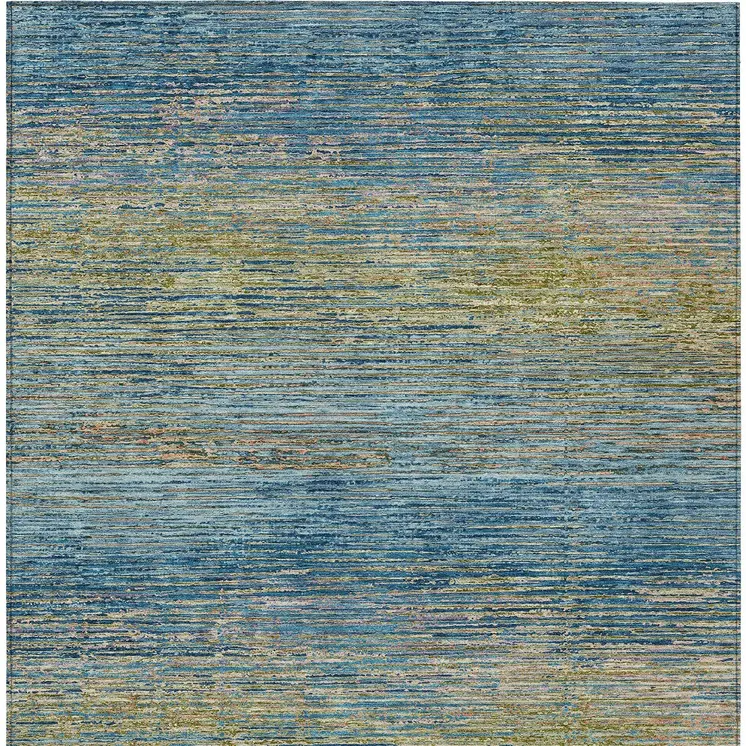 9' X 12' Denim Blue Striped Washable Indoor Outdoor Area Rug