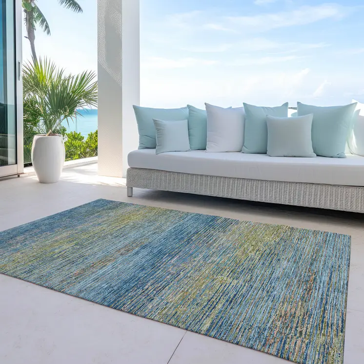 9' X 12' Denim Blue Striped Washable Indoor Outdoor Area Rug