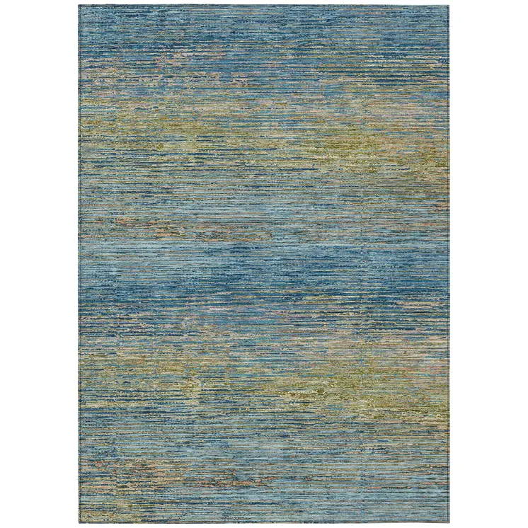 9' X 12' Denim Blue Striped Washable Indoor Outdoor Area Rug