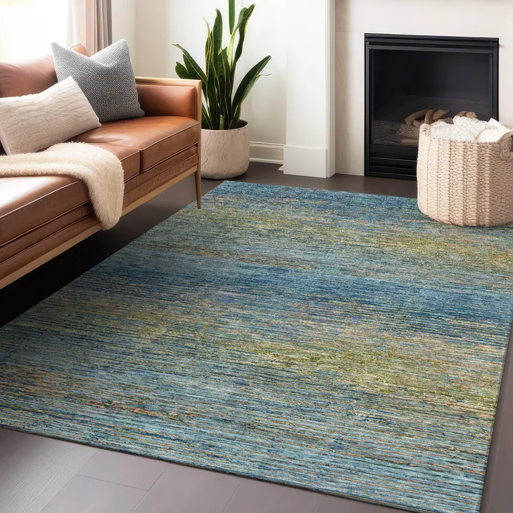 9' X 12' Denim Blue Striped Washable Indoor Outdoor Area Rug