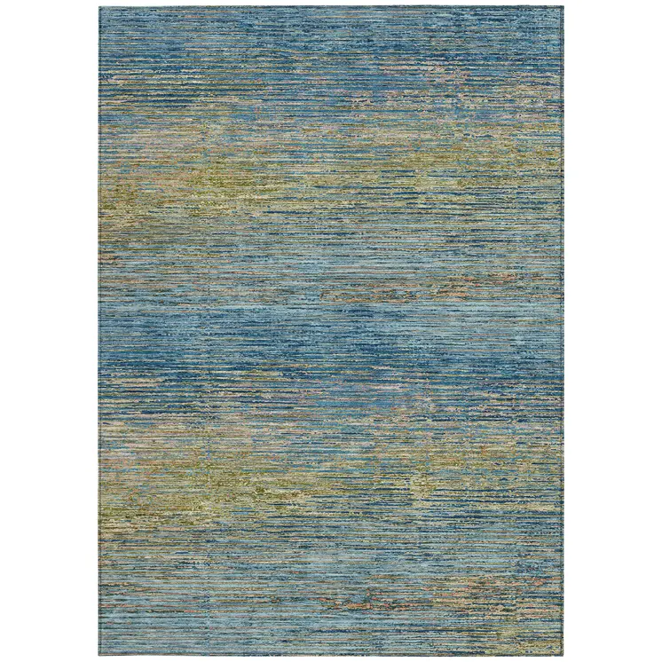 10' X 14' Denim Blue Striped Washable Indoor Outdoor Area Rug