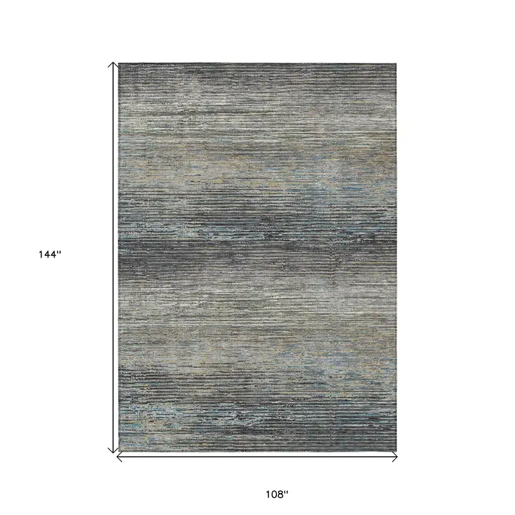 9' X 12' Granite Gray Striped Washable Indoor Outdoor Area Rug