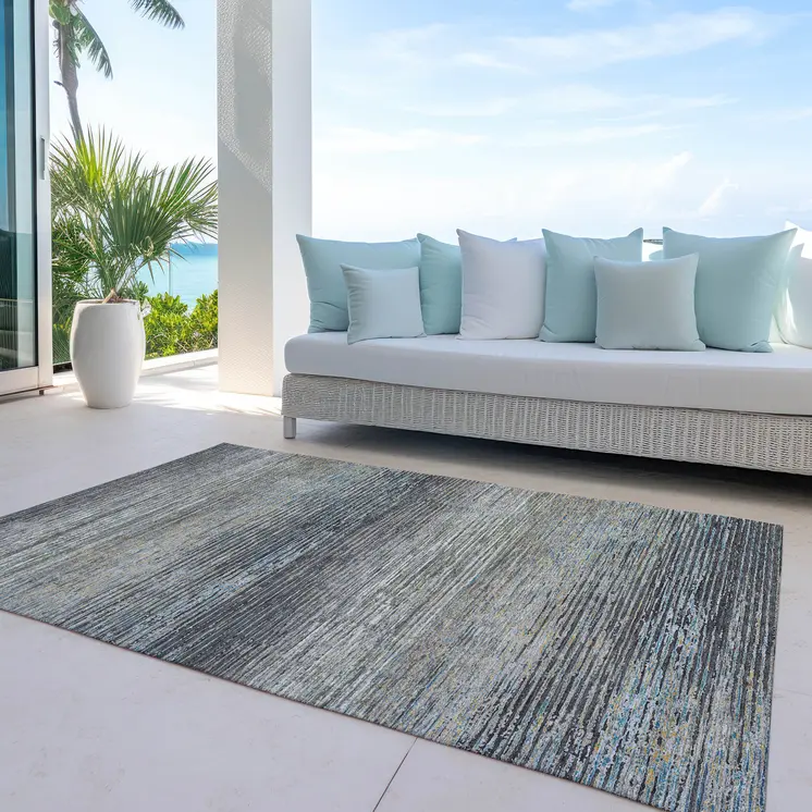9' X 12' Granite Gray Striped Washable Indoor Outdoor Area Rug