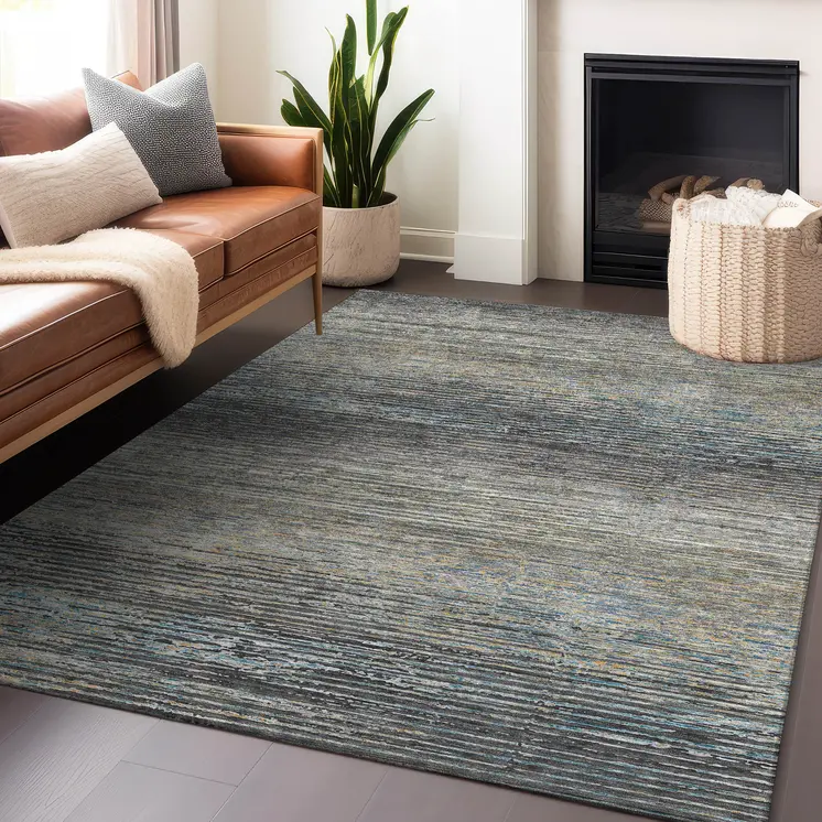 9' X 12' Granite Gray Striped Washable Indoor Outdoor Area Rug