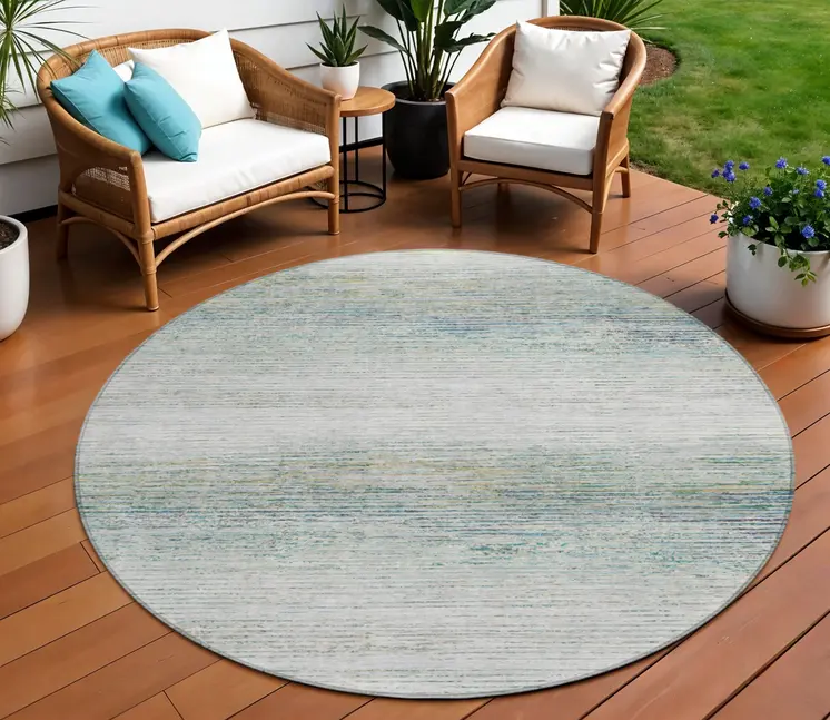 8' Linen Round Striped Washable Indoor Outdoor Area Rug