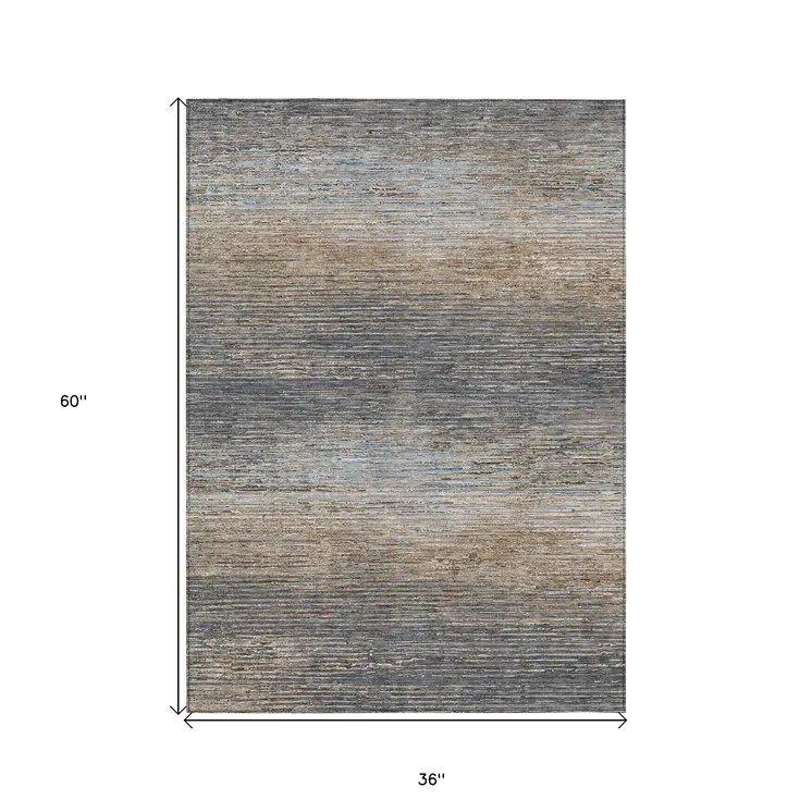 3' X 5' Pewter Striped Washable Indoor Outdoor Area Rug