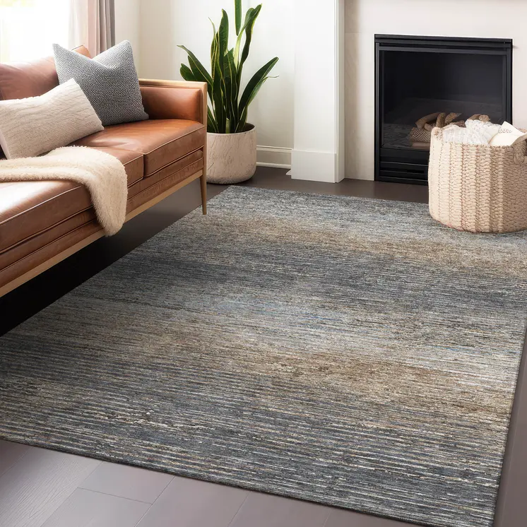3' X 5' Pewter Striped Washable Indoor Outdoor Area Rug