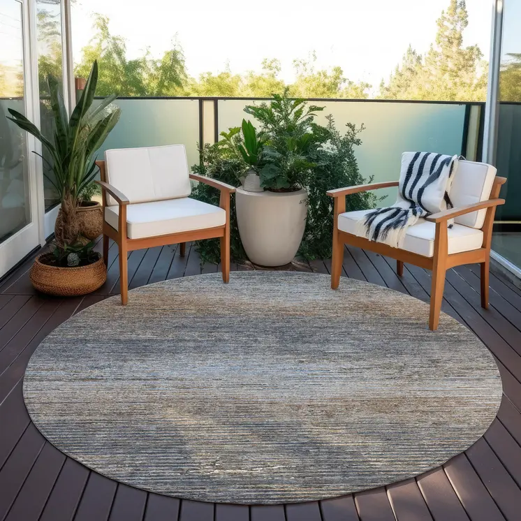8' Pewter Round Striped Washable Indoor Outdoor Area Rug