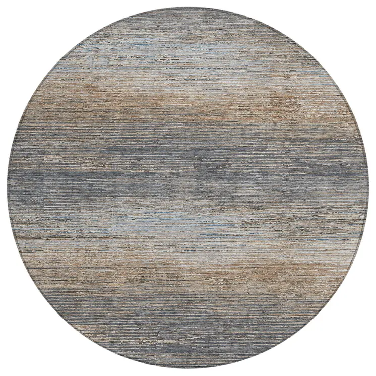 8' Pewter Round Striped Washable Indoor Outdoor Area Rug