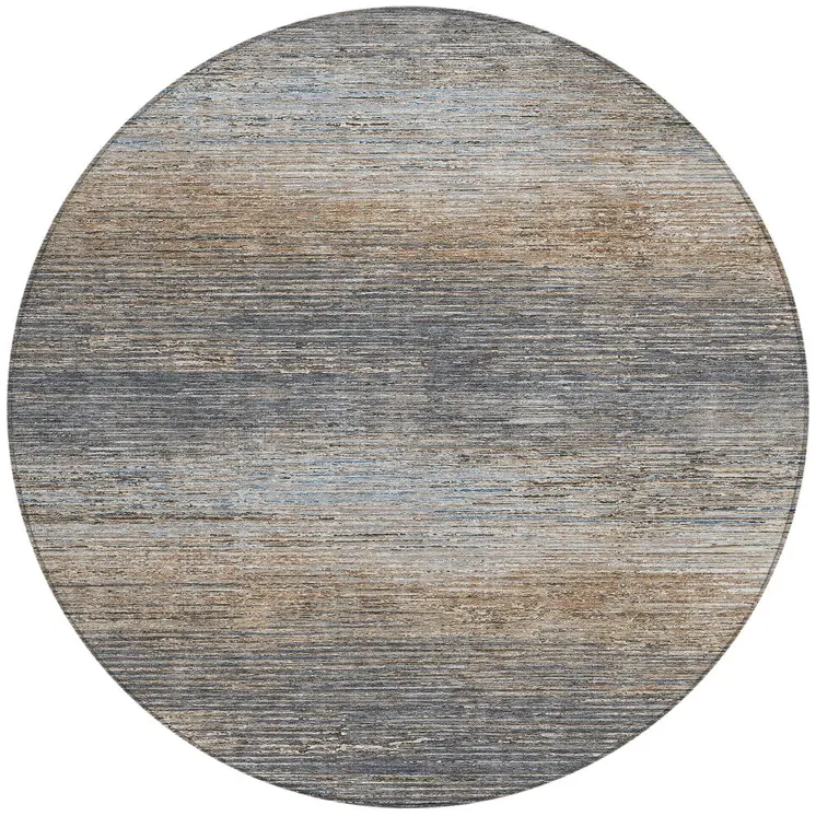 8' Pewter Round Striped Washable Indoor Outdoor Area Rug