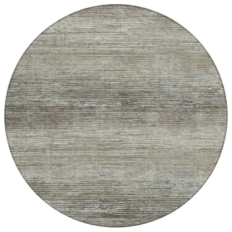 8' Taupe Round Striped Washable Indoor Outdoor Area Rug