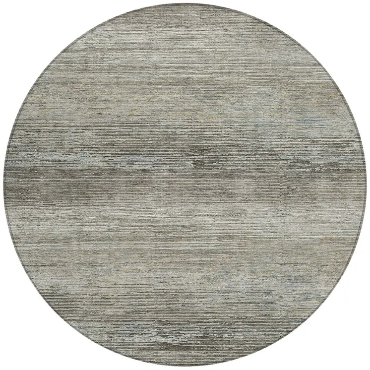 8' Taupe Round Striped Washable Indoor Outdoor Area Rug