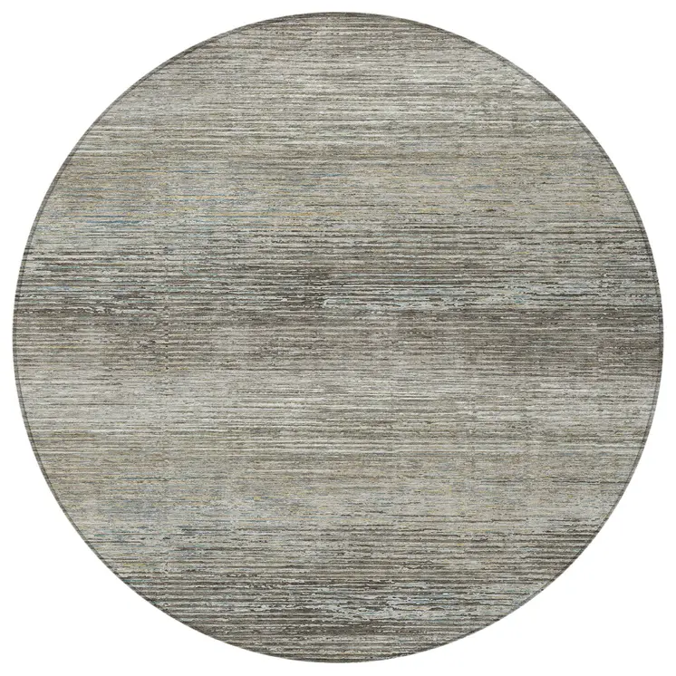 8' Taupe Round Striped Washable Indoor Outdoor Area Rug