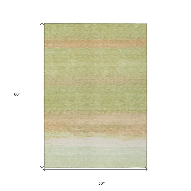 3' X 5' Artichoke Green Striped Washable Indoor Outdoor Area Rug