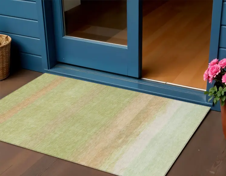 3' X 5' Artichoke Green Striped Washable Indoor Outdoor Area Rug