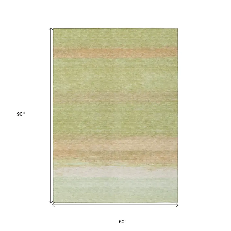 5' X 8' Artichoke Green Striped Washable Indoor Outdoor Area Rug