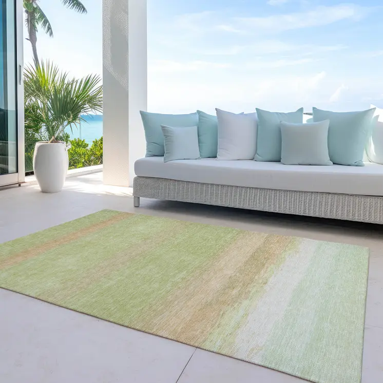 5' X 8' Artichoke Green Striped Washable Indoor Outdoor Area Rug