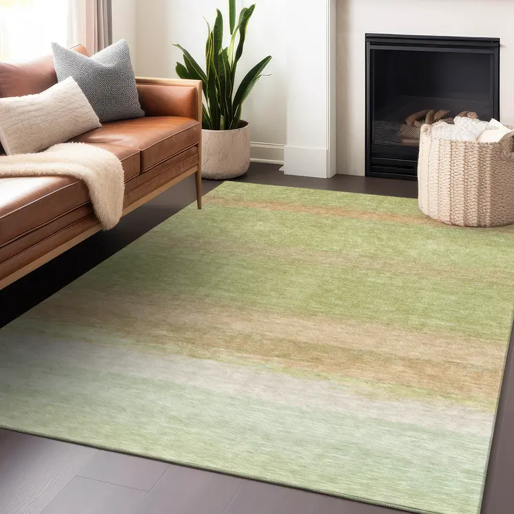 5' X 8' Artichoke Green Striped Washable Indoor Outdoor Area Rug