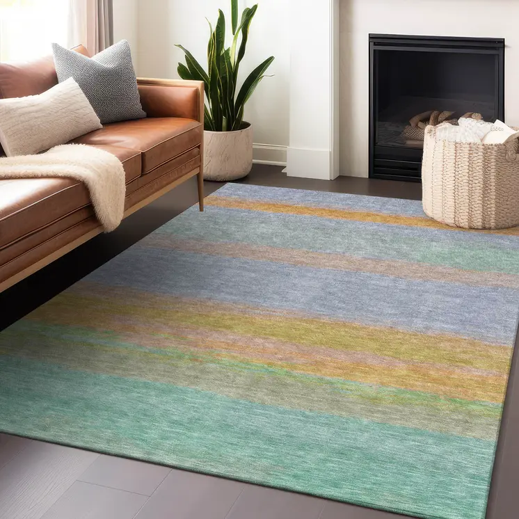 5' X 8' Lavender Striped Washable Indoor Outdoor Area Rug
