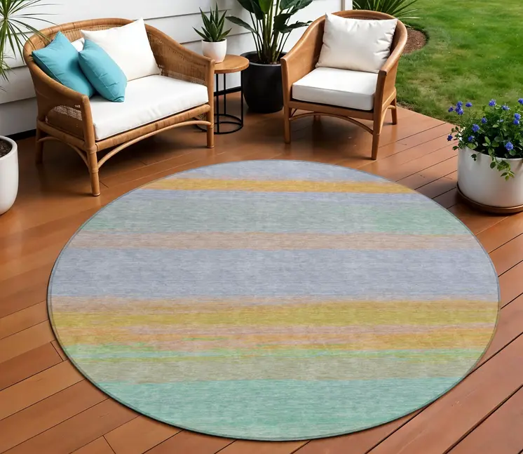 8' Lavender Round Striped Washable Indoor Outdoor Area Rug