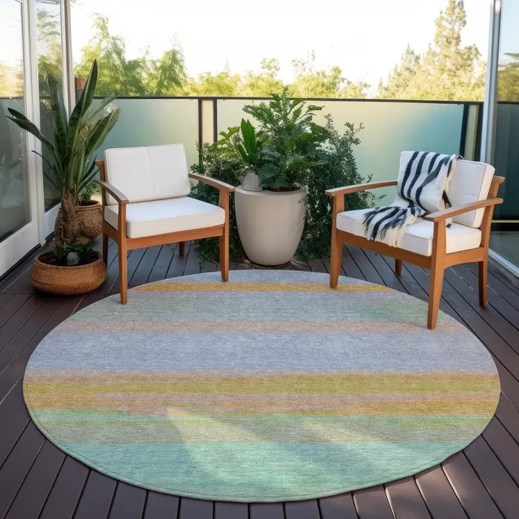 8' Lavender Round Striped Washable Indoor Outdoor Area Rug