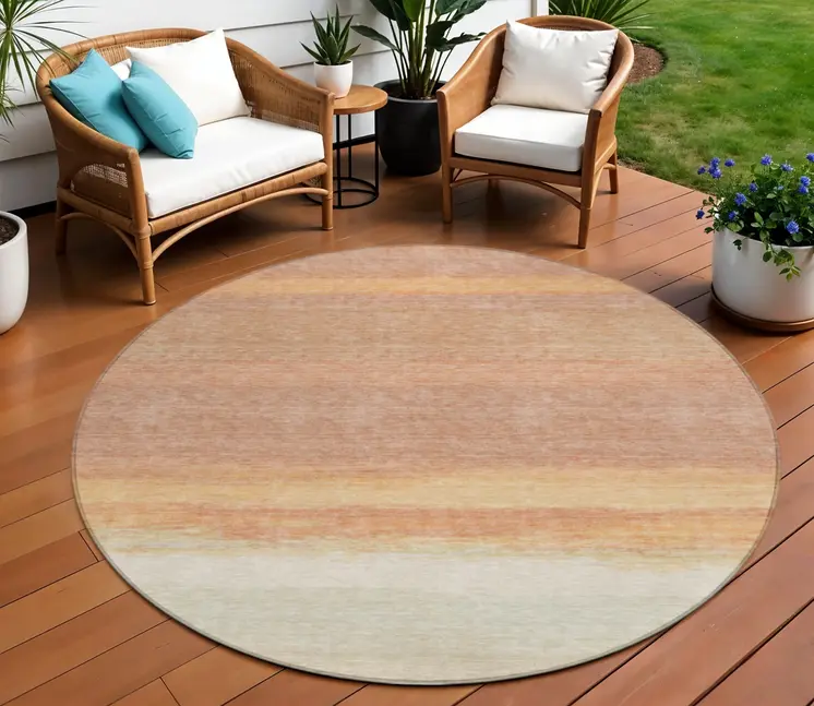 8' Salmon Round Striped Washable Indoor Outdoor Area Rug