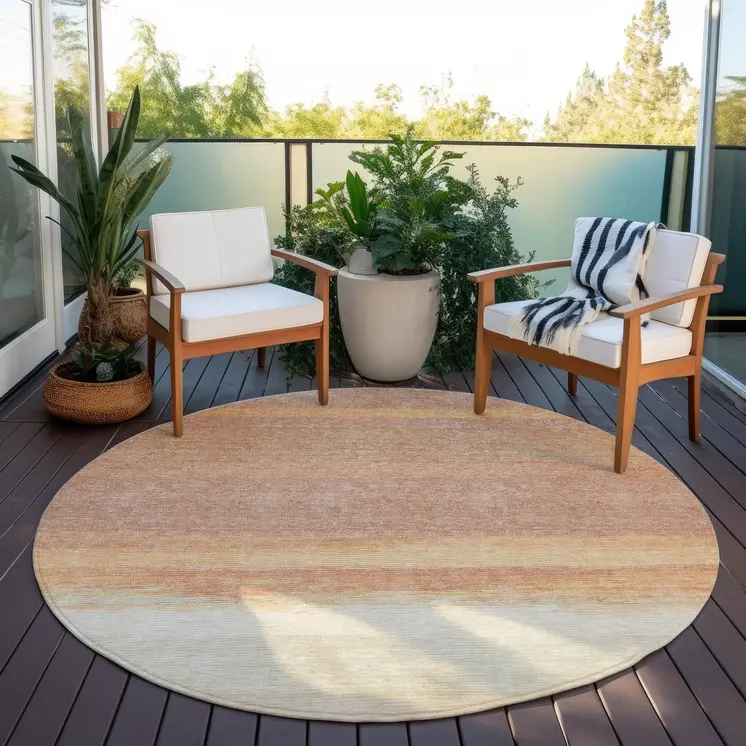 8' Salmon Round Striped Washable Indoor Outdoor Area Rug