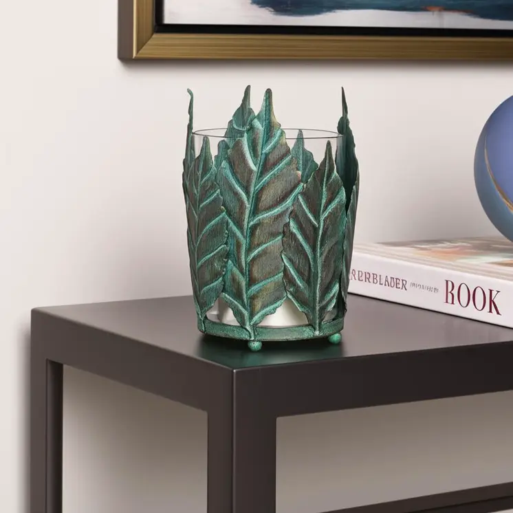 8" Gold Distressed Botanical Leaf Metal And Glass Tabletop Hurricane Candle Holder